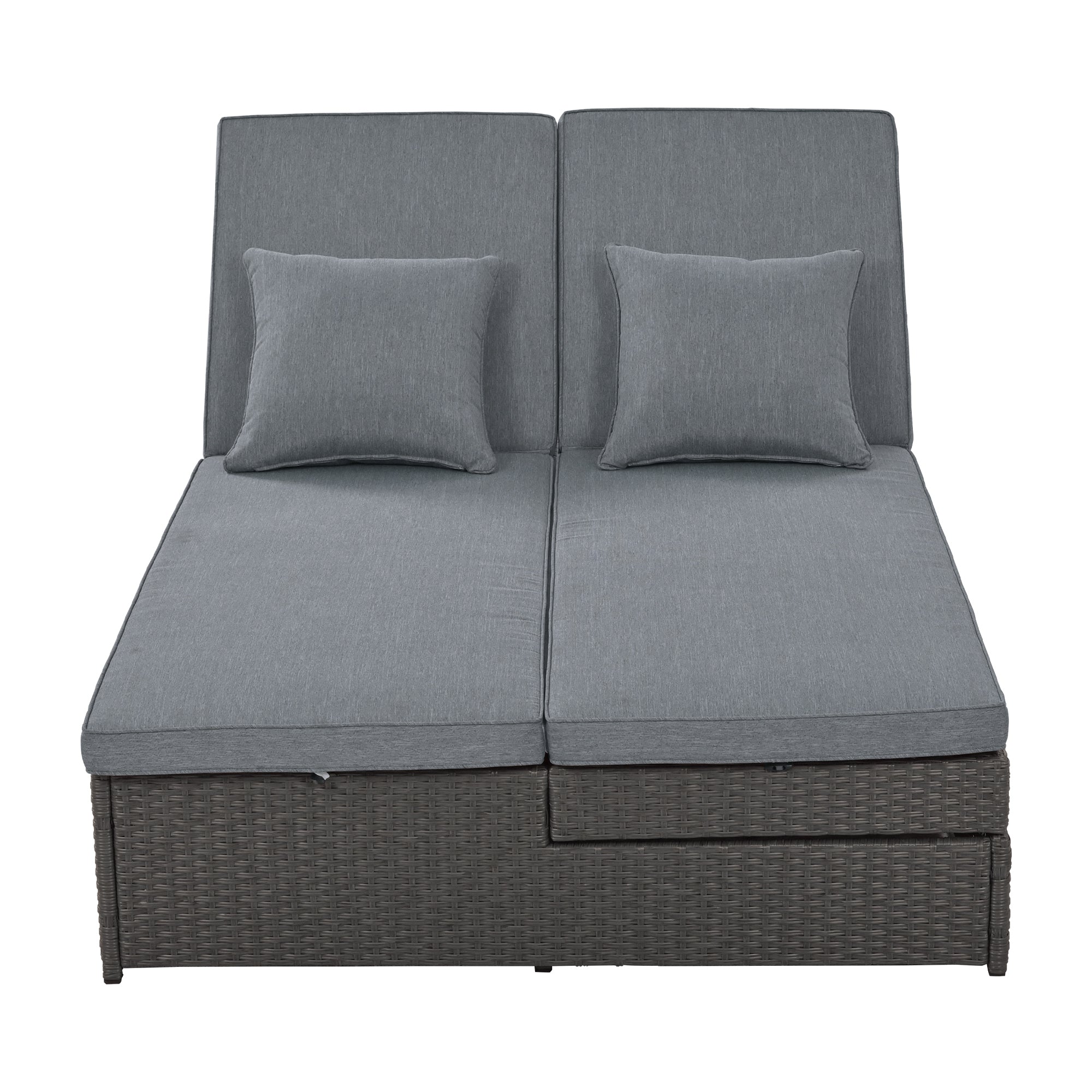 Outdoor Double Sun bed, Wicker Rattan Patio Reclining Chairs with Adjustable Backrest and Seat, Conversational Set for 2 Person - Gray