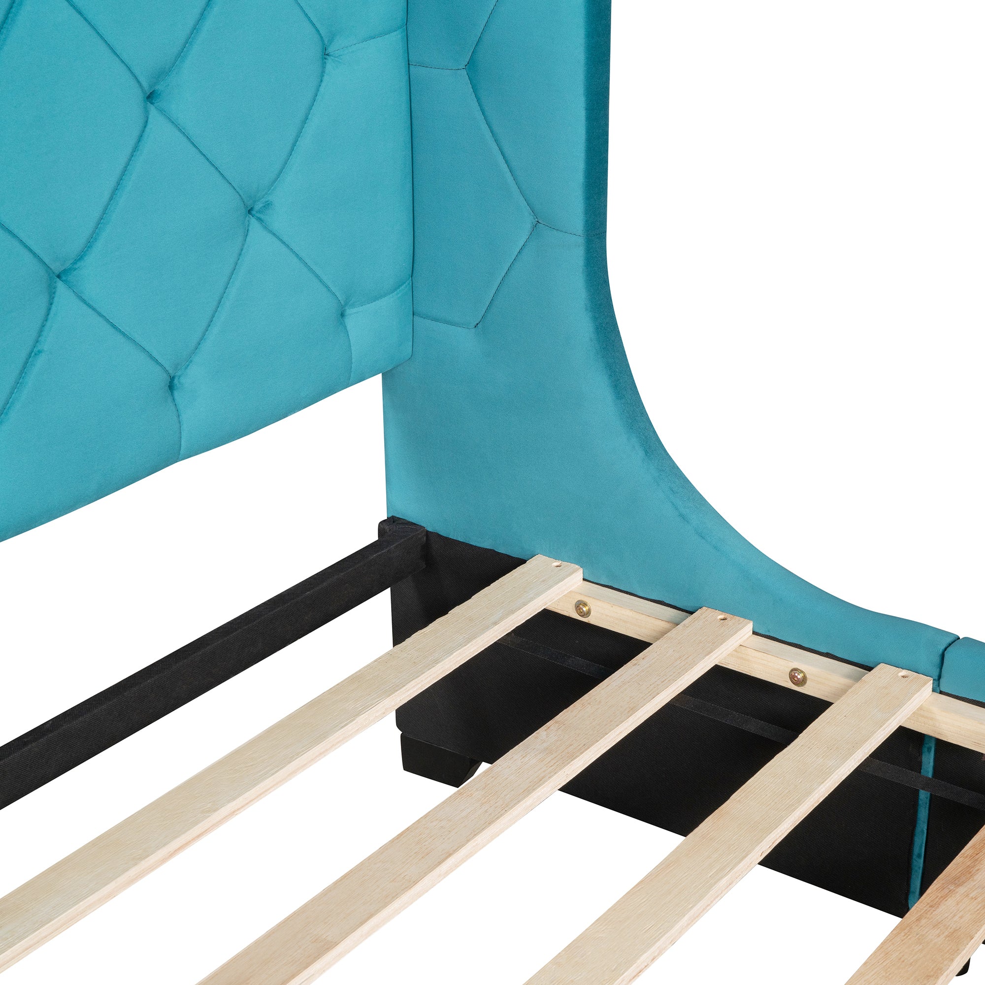 Queen Size Storage Bed Velvet Upholstered Platform Bed with Wingback Headboard and a Big Drawer - Blue