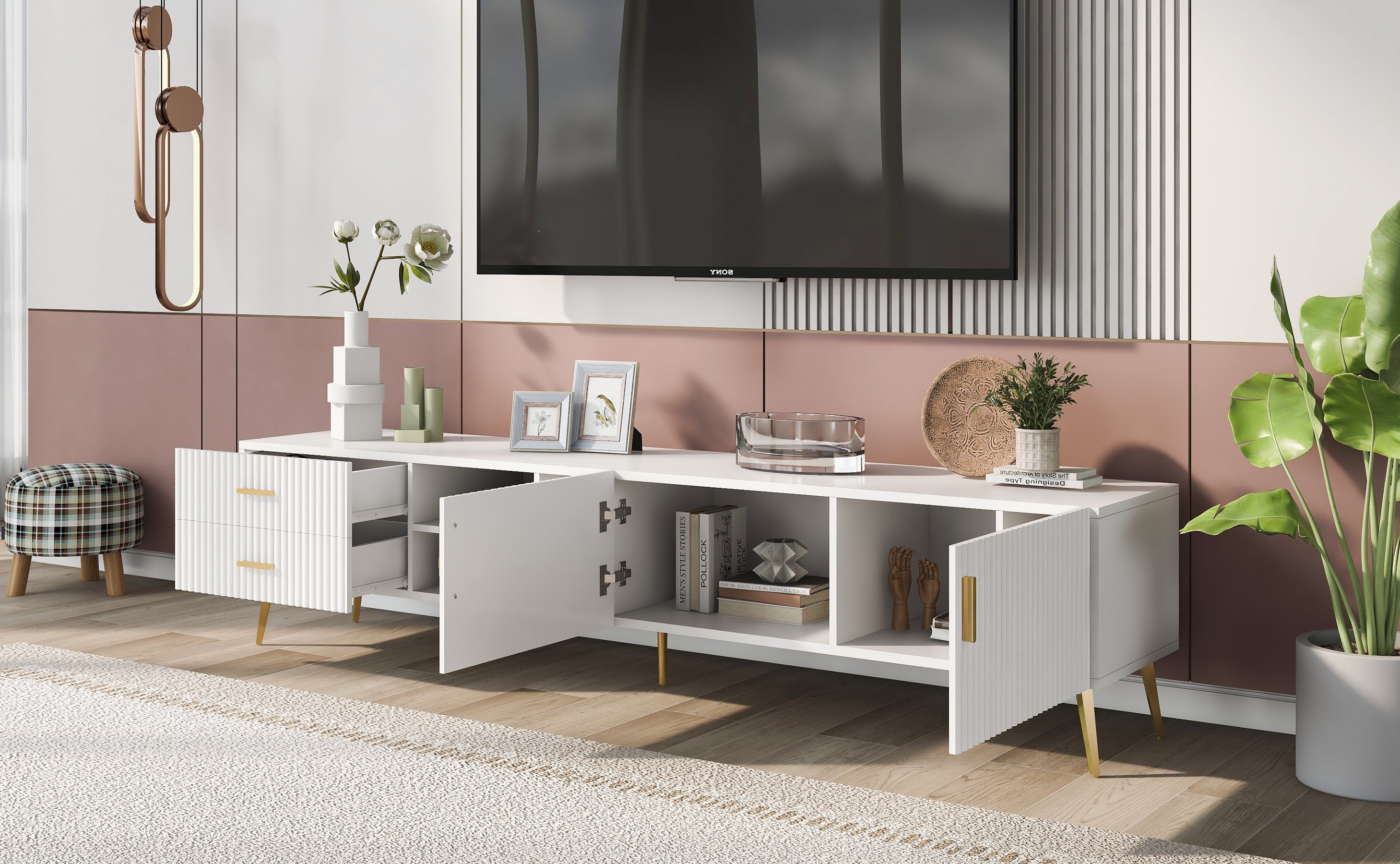 Modern TV Stand with 5 Champagne legs for TVS up to 77" - White