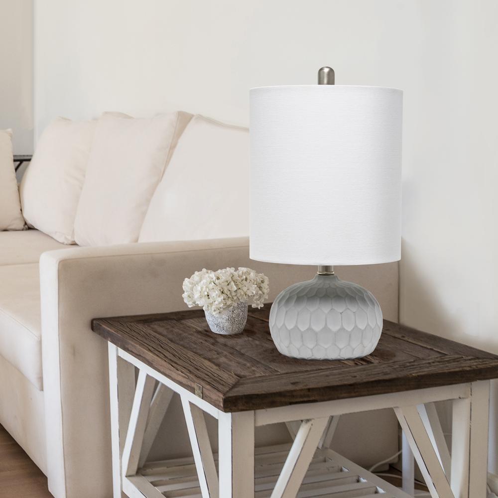 Textured Cement Base Table Lamp with Long White Fabric Drum Shade