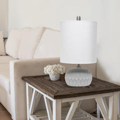 Textured Cement Base Table Lamp with Long White Fabric Drum Shade