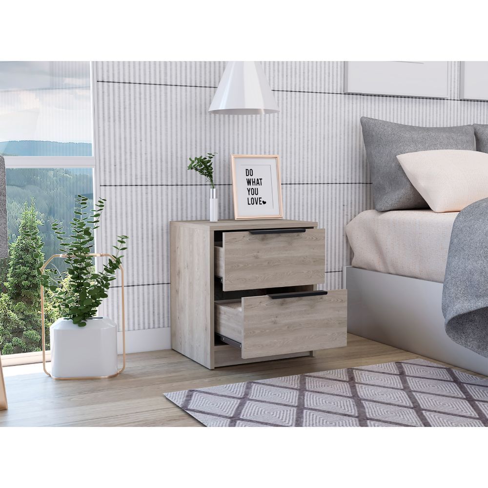 Kaia Nightstand, Two Drawers, Metal Handle - Light Gray