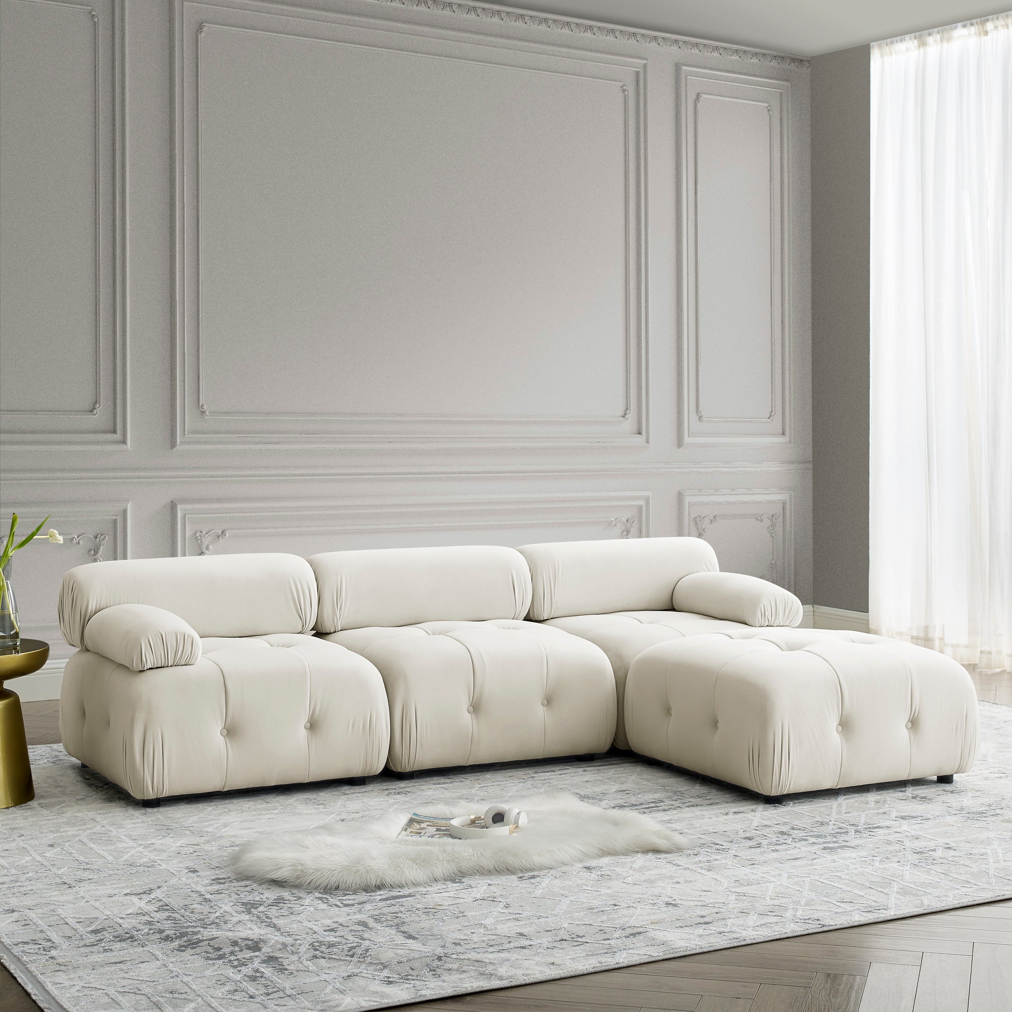 Modular Sectional Sofa, Button Tufted Designed and DIY Combination,L Shaped Couch with Reversible Ottoman - Beige Velvet