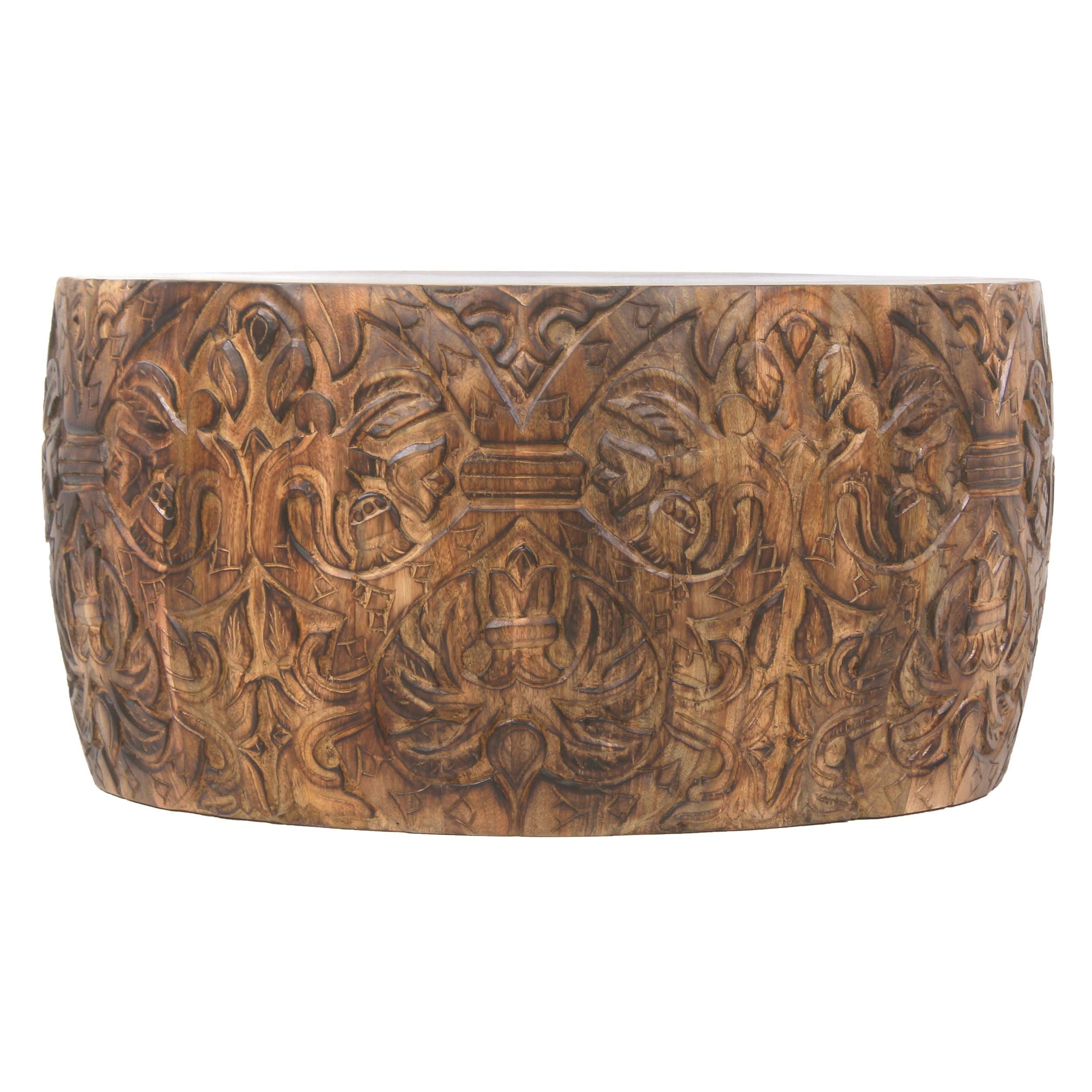 Handcrafted Mango Wood Coffee Table Round Drum Shape - Walnut Brown