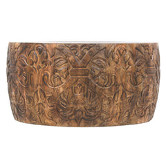 Handcrafted Mango Wood Coffee Table Round Drum Shape - Walnut Brown