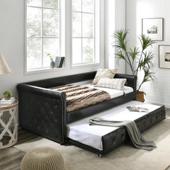 Daybed with Trundle Upholstered Tufted Sofa Bed, with Button and Copper Nail on Arms both Twin Size - Black