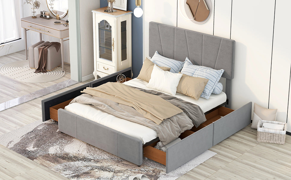 Queen Size Upholstery Platform Bed with Four Drawers on Two Sides,Adjustable Headboard - Grey