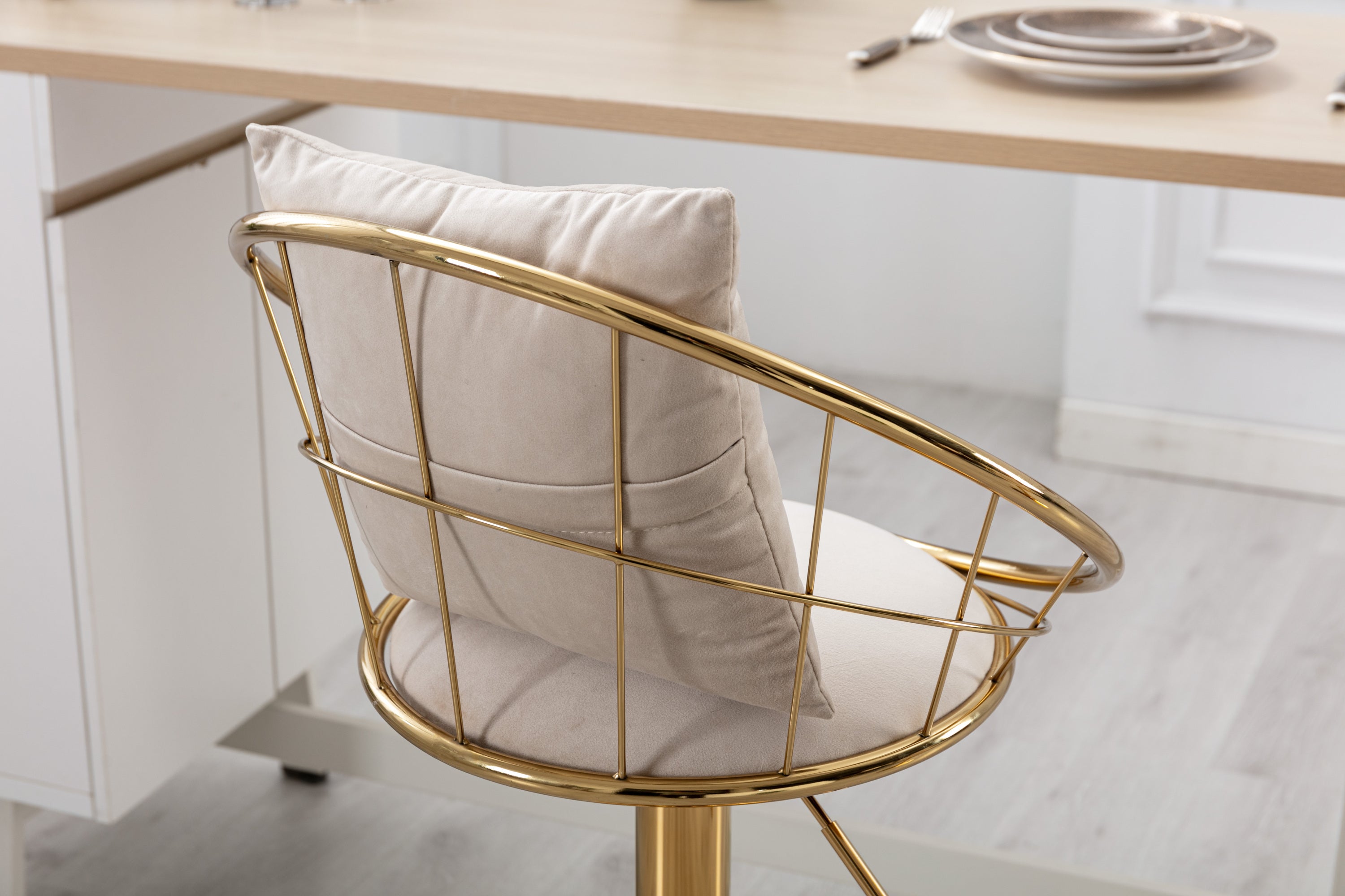 Bar Chair Pure Gold Plated Adjustable Height (Set of 2) - Off-White Velvet