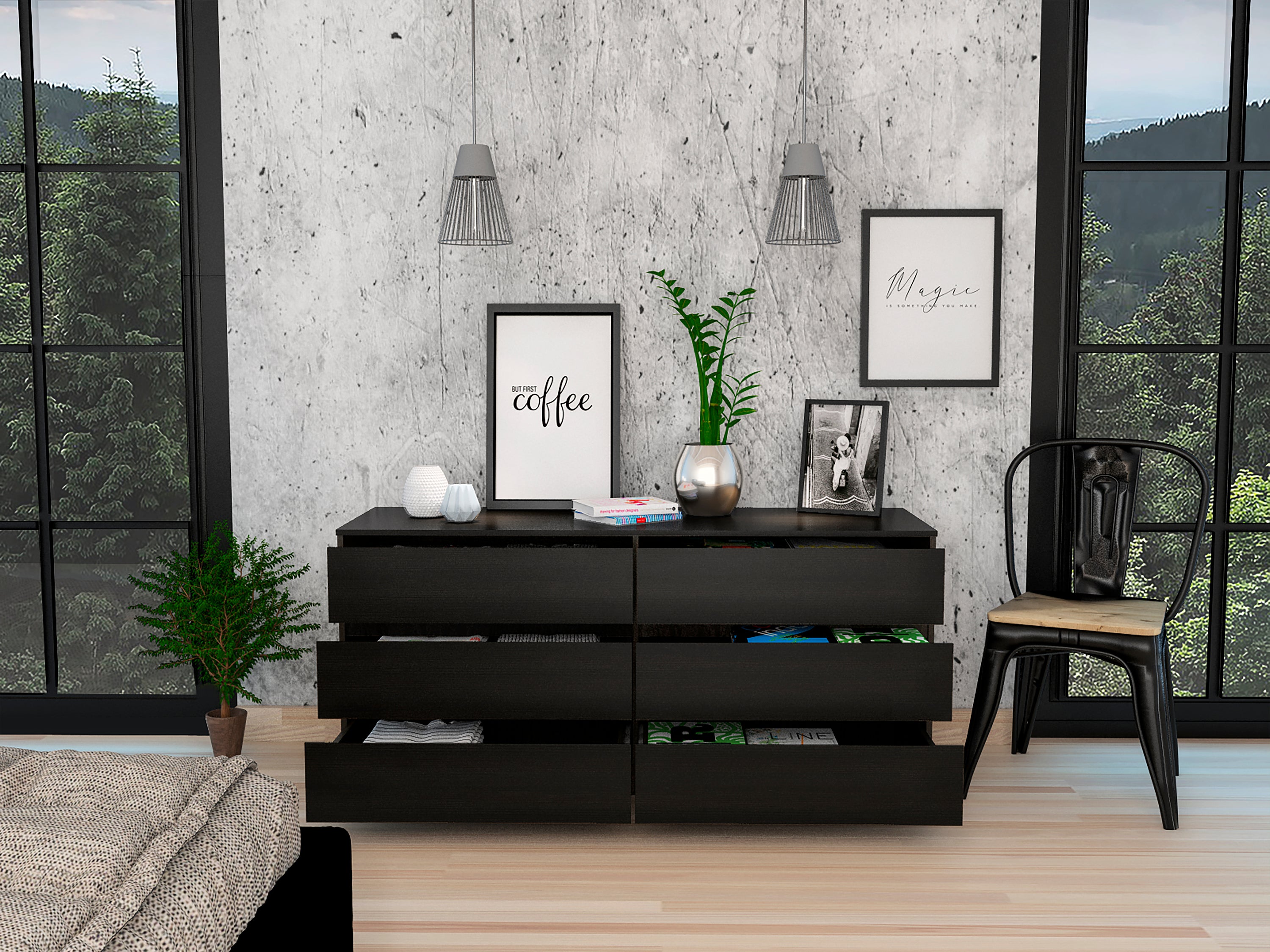 6-Drawer Rectangle Dresser - Black Wengue