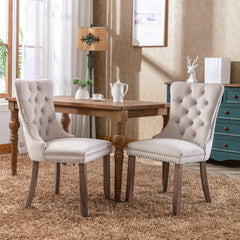 Modern High-end Tufted Velvet Upholstered Dining Chair with Wood Legs Nailhead Trim (Set of 2) -Beige