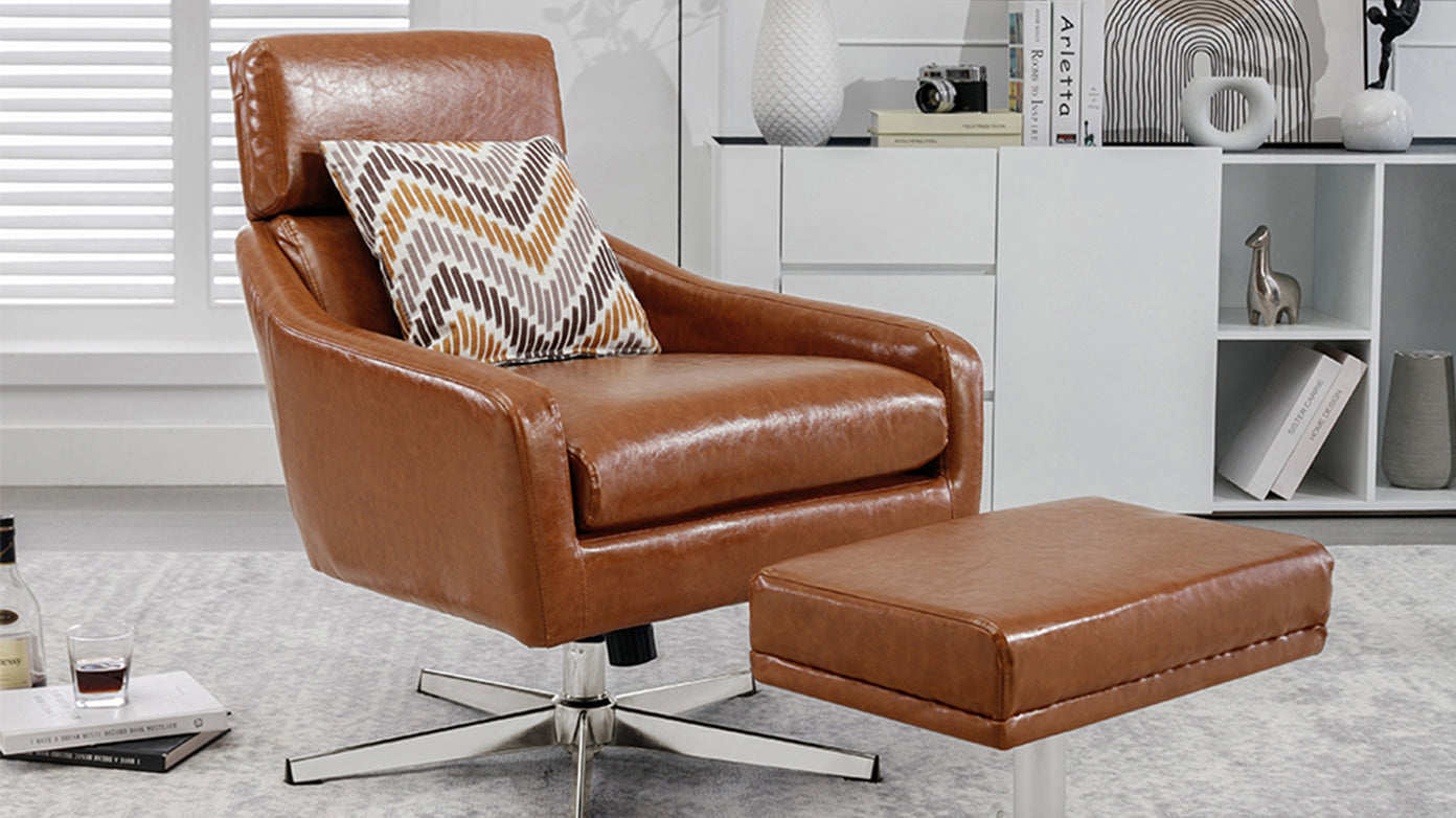 PU Leather Swivel Armchair with Ottoman - Brown