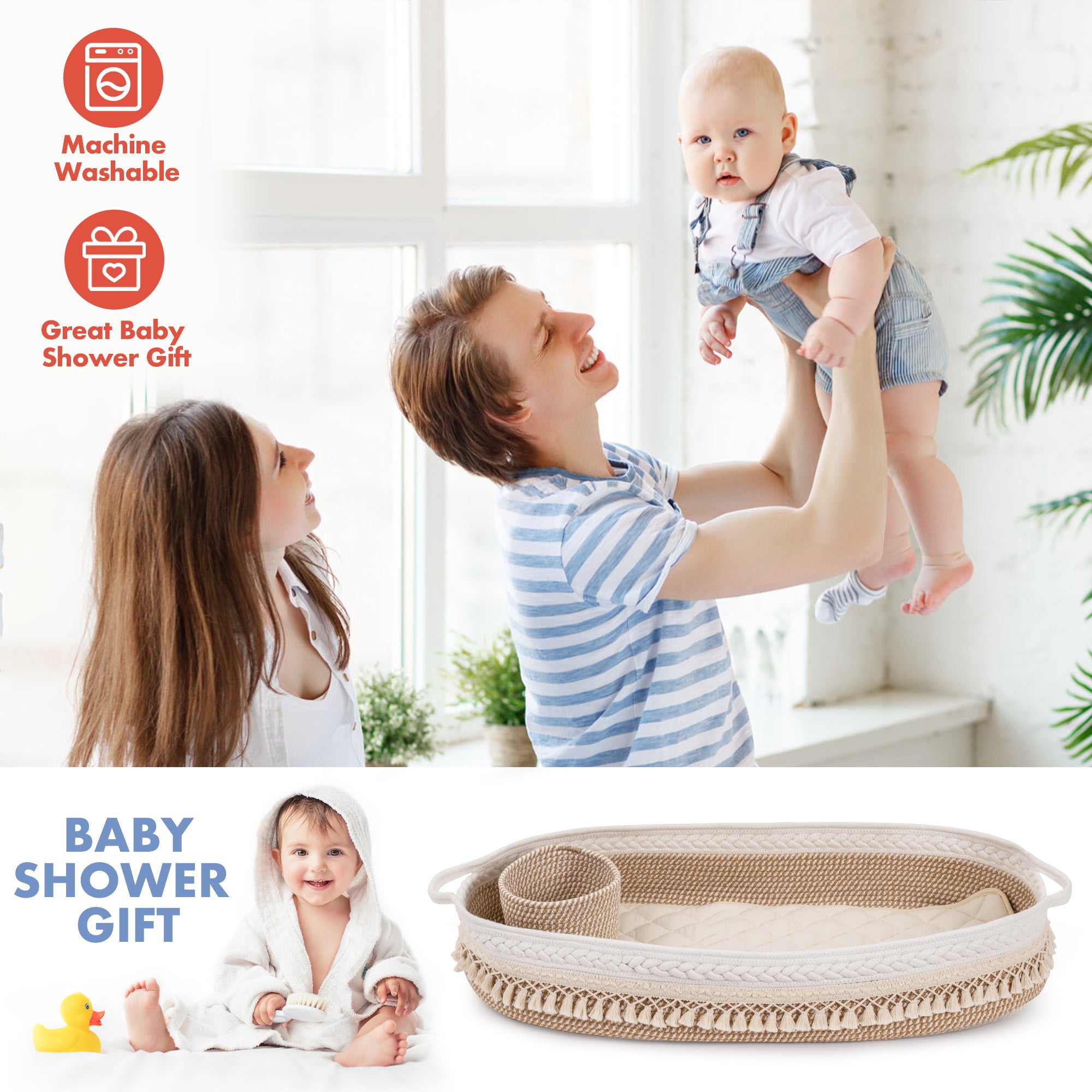 Baby Changing Handmade Woven Cotton Rope Moses Basket - Beige & Brown