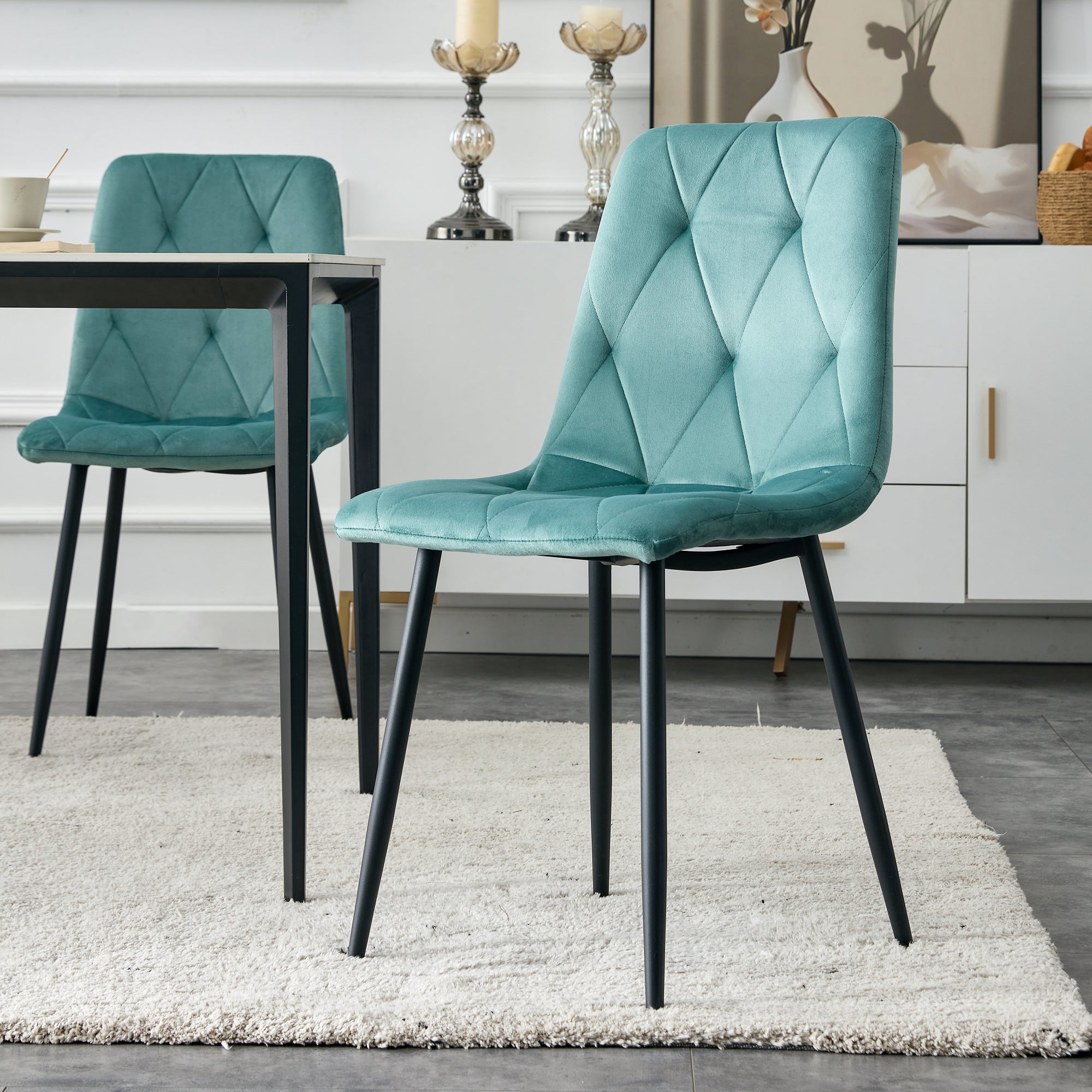 Modern Velvet Dining Chairs with Cushion Seat Back Black Coated Legs (Set of 4) - Antique Blue Green