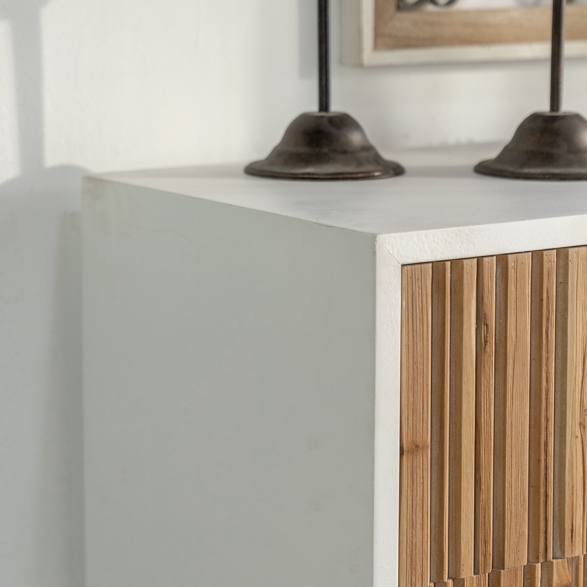 Retro Fashion Style 3-Door Storage Cabinet with Vertical Grain Embossed Design and Double Layer Storage Space - White + Oak