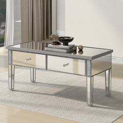 Modern Glass Mirrored Coffee Table with 2 Drawers, Cocktail Table with Crystal Handles and Adjustable Height Legs - Silver
