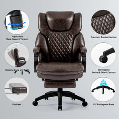 High Back Big & Tall 400lb Office Chair with Footrest Bonded Leather Ergonomic Executive Chair - Brown