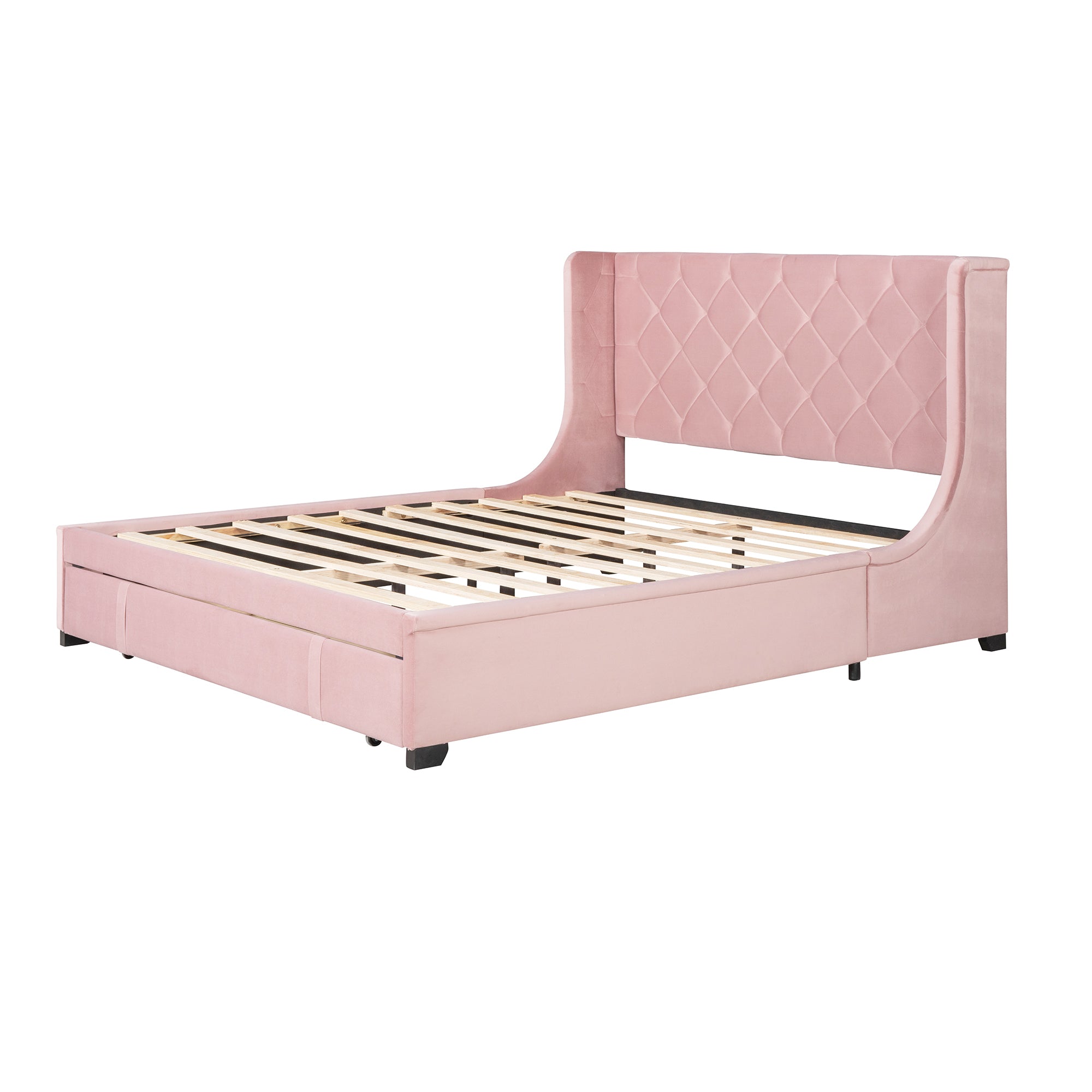 Queen Size Storage Bed Velvet Upholstered Platform Bed with Wingback Headboard and a Big Drawer - Pink
