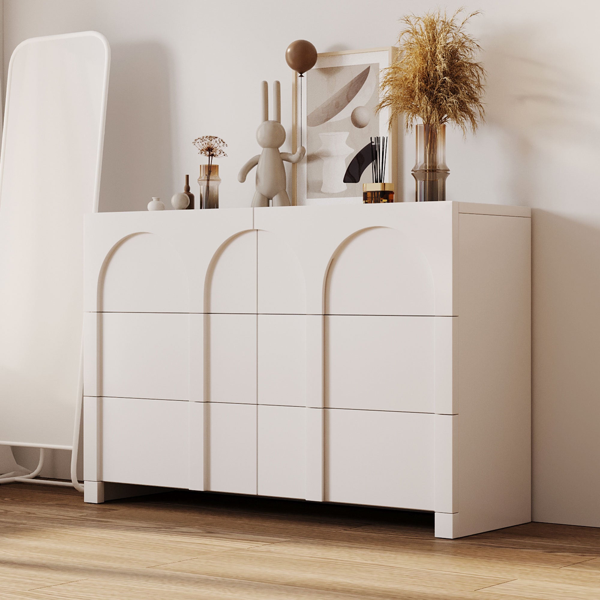 Modern Style Six-Drawer Dresser Sideboard Cabinet Ample Storage Spaces - Half Gloss White