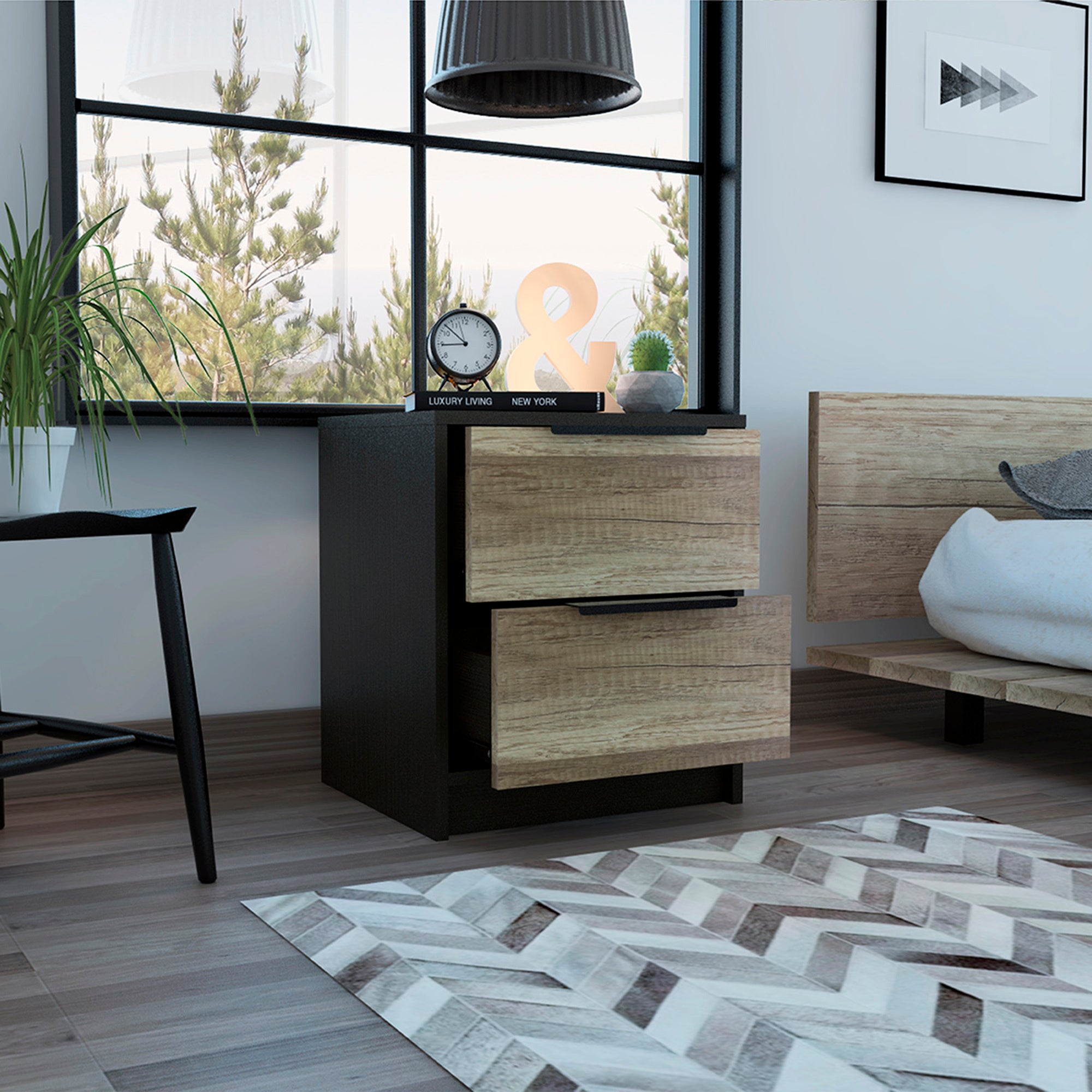 Kaia Nightstand, Two Drawers, Metal Handle - Black / Pine