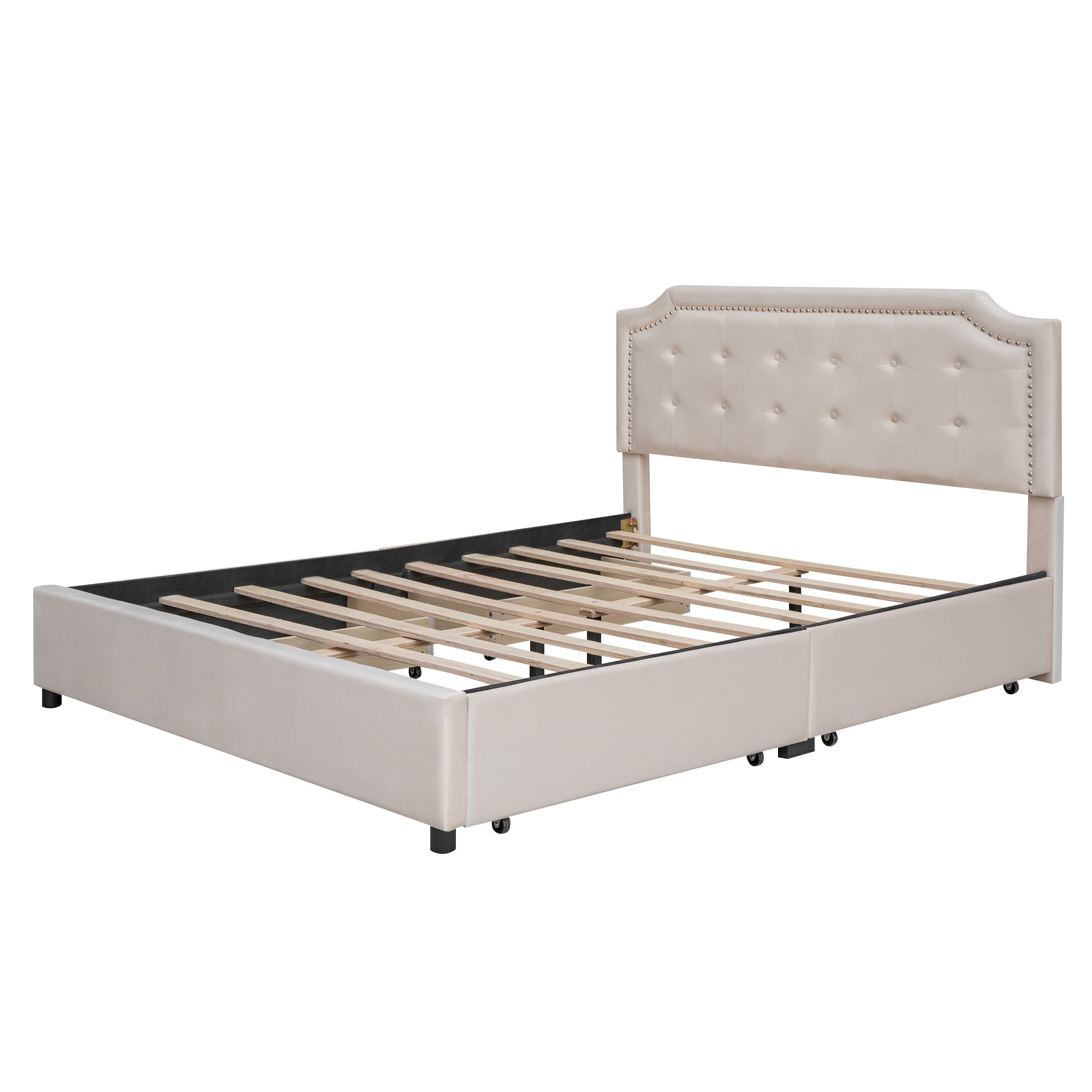 Queen Bed Upholstered Platform with Classic Headboard and 4 Drawers - Beige