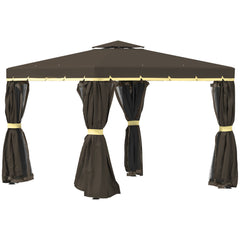 10'x10' Patio Gazebo, Aluminum Frame Double Roof Outdoor Gazebo Canopy Shelter with Netting & Curtains, for Garden, Lawn, Backyard and Deck - Coffee