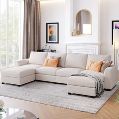 MAICOSY 3 Pieces U Shaped Sectional Sofa Sleeper with Removable Ottomans, Beige
