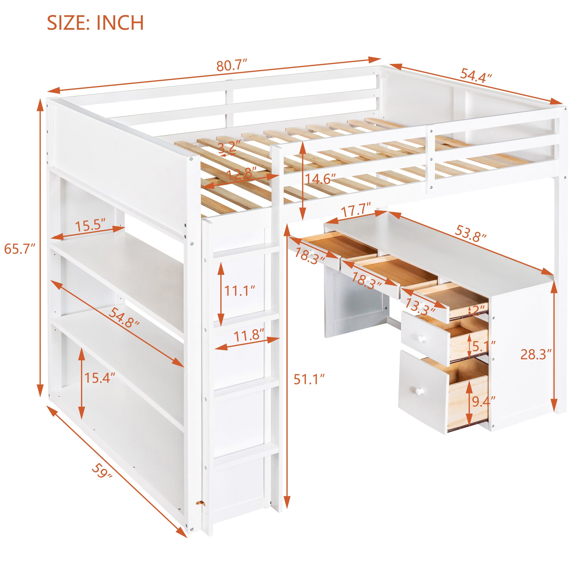 Full Size Loft Bed with Ladder, Shelves and Desk - White