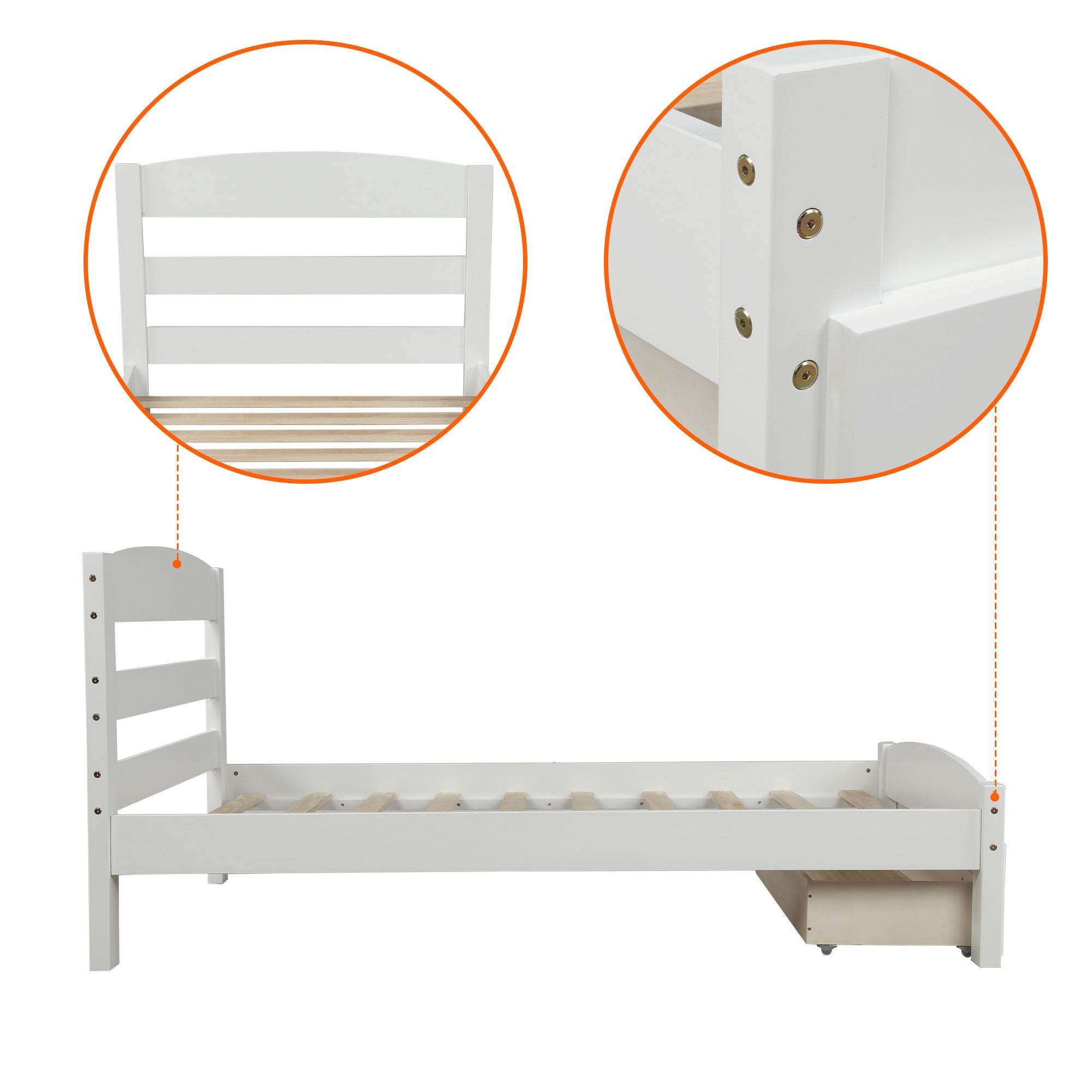 Platform Twin Bed Frame with Storage Drawer and Wood Slat Support No Box Spring Needed - White