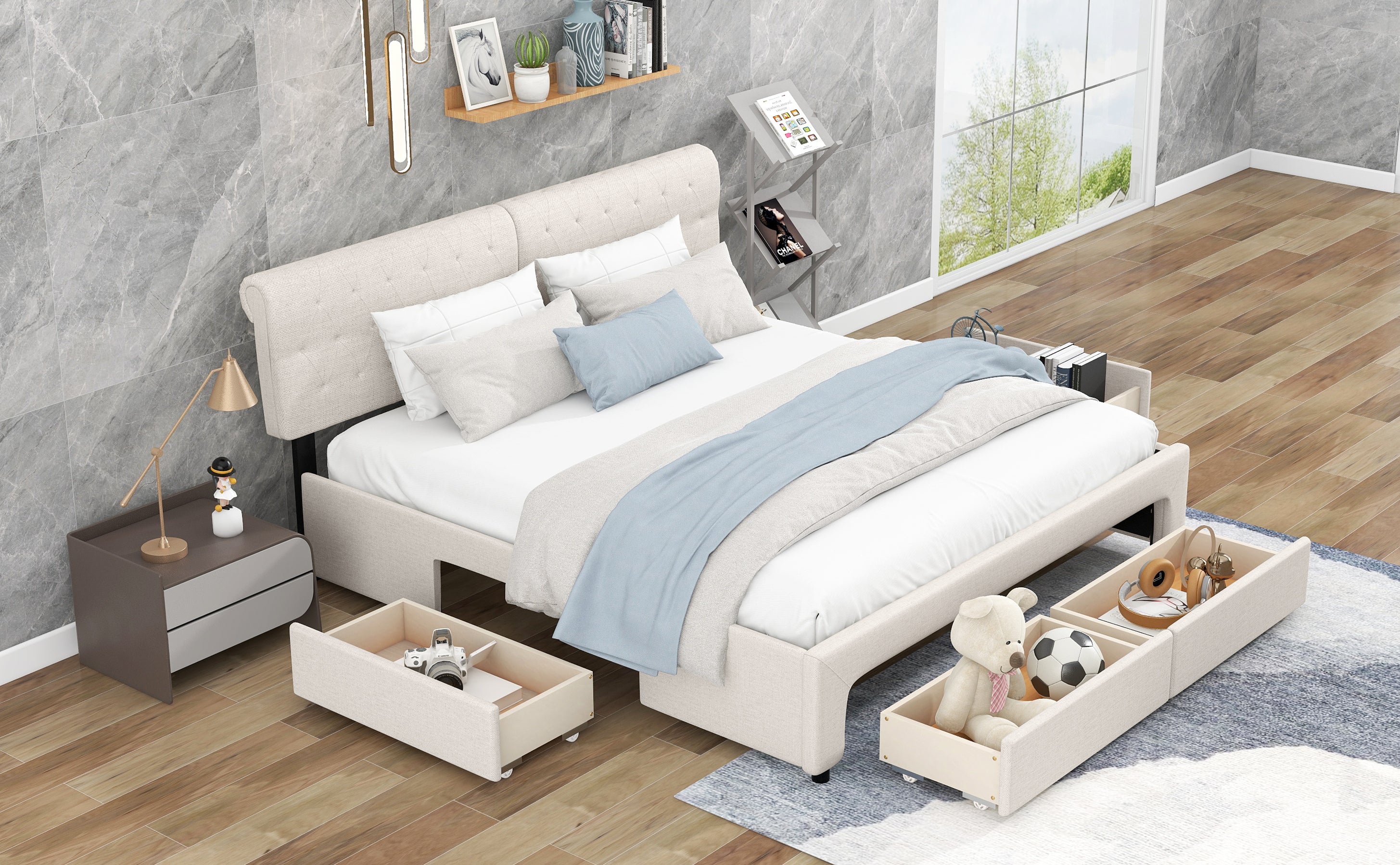 King Size Upholstery Platform Bed with Four Drawers - Beige