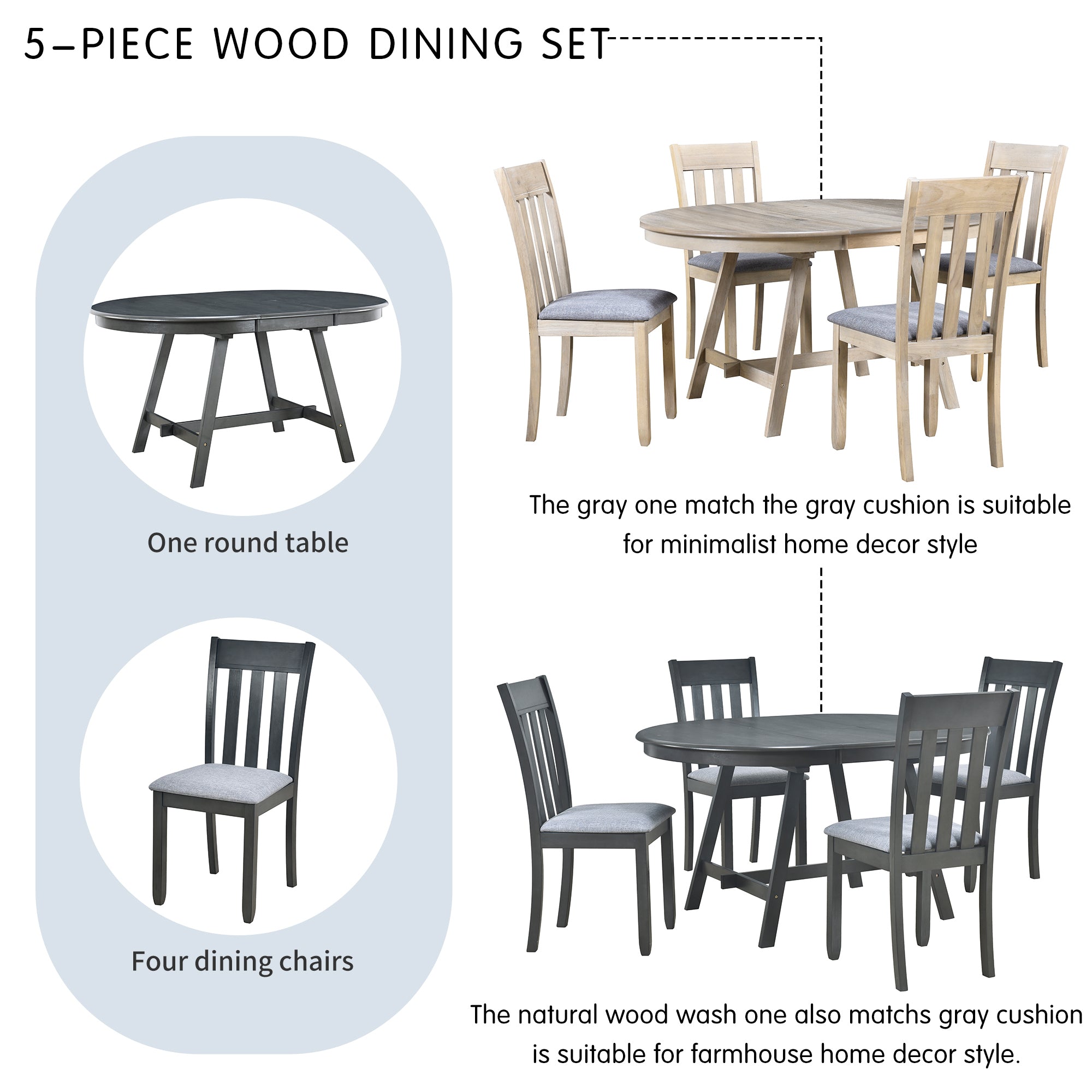 5-Piece Wood Dining Set Round Extendable Table with 4 Dining Chairs - Gray