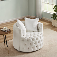 Modern Swivel Barrel Chair with 360° Rotating Base and 2 Pillows - White Velvet