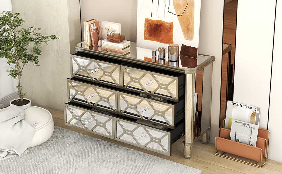 Elegant Mirrored 6-Drawer Dresser with Golden Lines Storage Cabinet