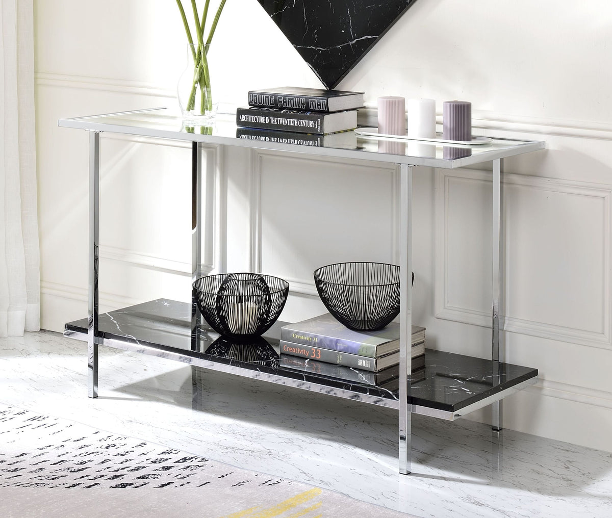 Console Table, Mirrored - Faux Marble & Chrome
