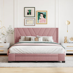 Queen Size Storage Bed Linen Upholstered Platform Bed with 3 Drawers - Pink