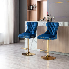 Modern Swivel Bar Stools Chair Adjustable (Set of 2) - Chrome Golden Base/ Blue