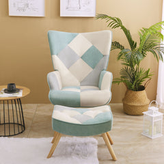 Accent Chair with Ottoman, Comfy Side Armchair for Bedroom, Creative Splicing Cloth Surface - Blue