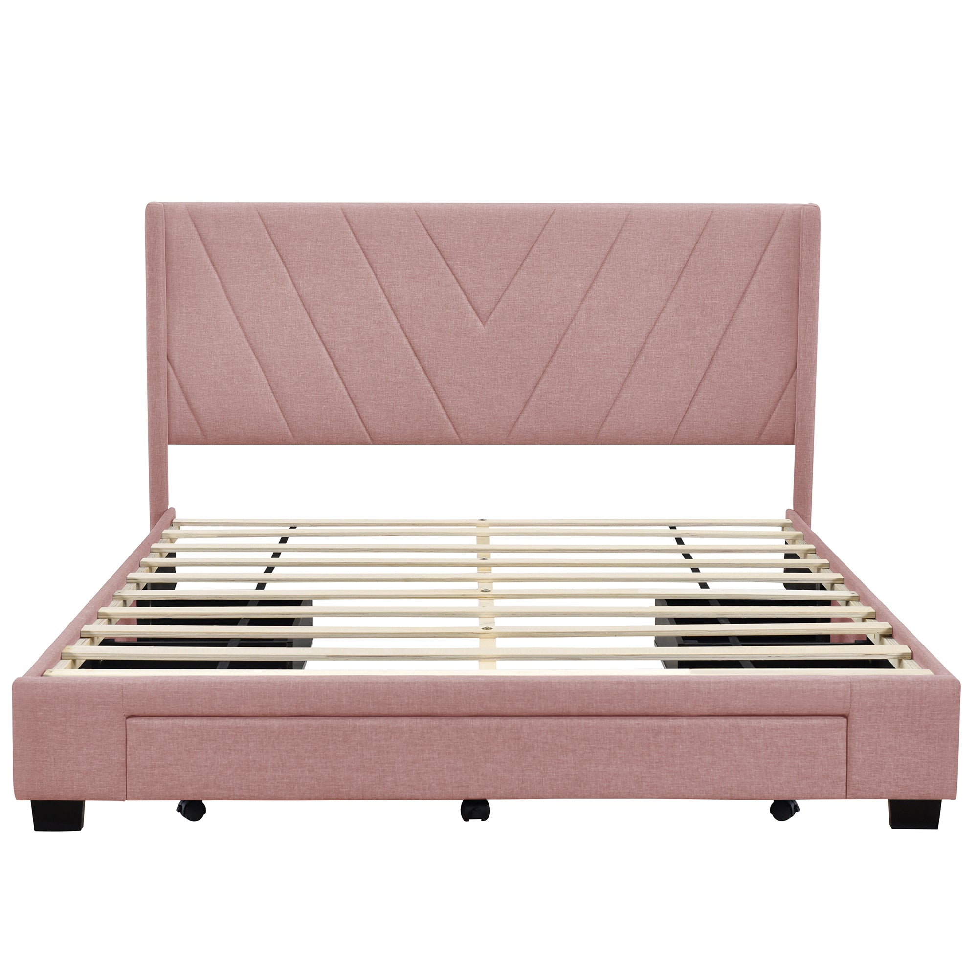 Queen Size Storage Bed Linen Upholstered Platform Bed with 3 Drawers - Pink