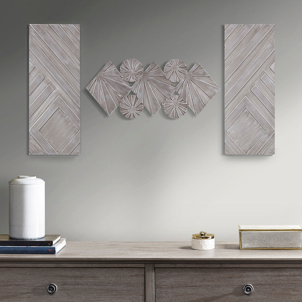 Ash Carved Wood 3 Piece Set Wall Decor - Grey