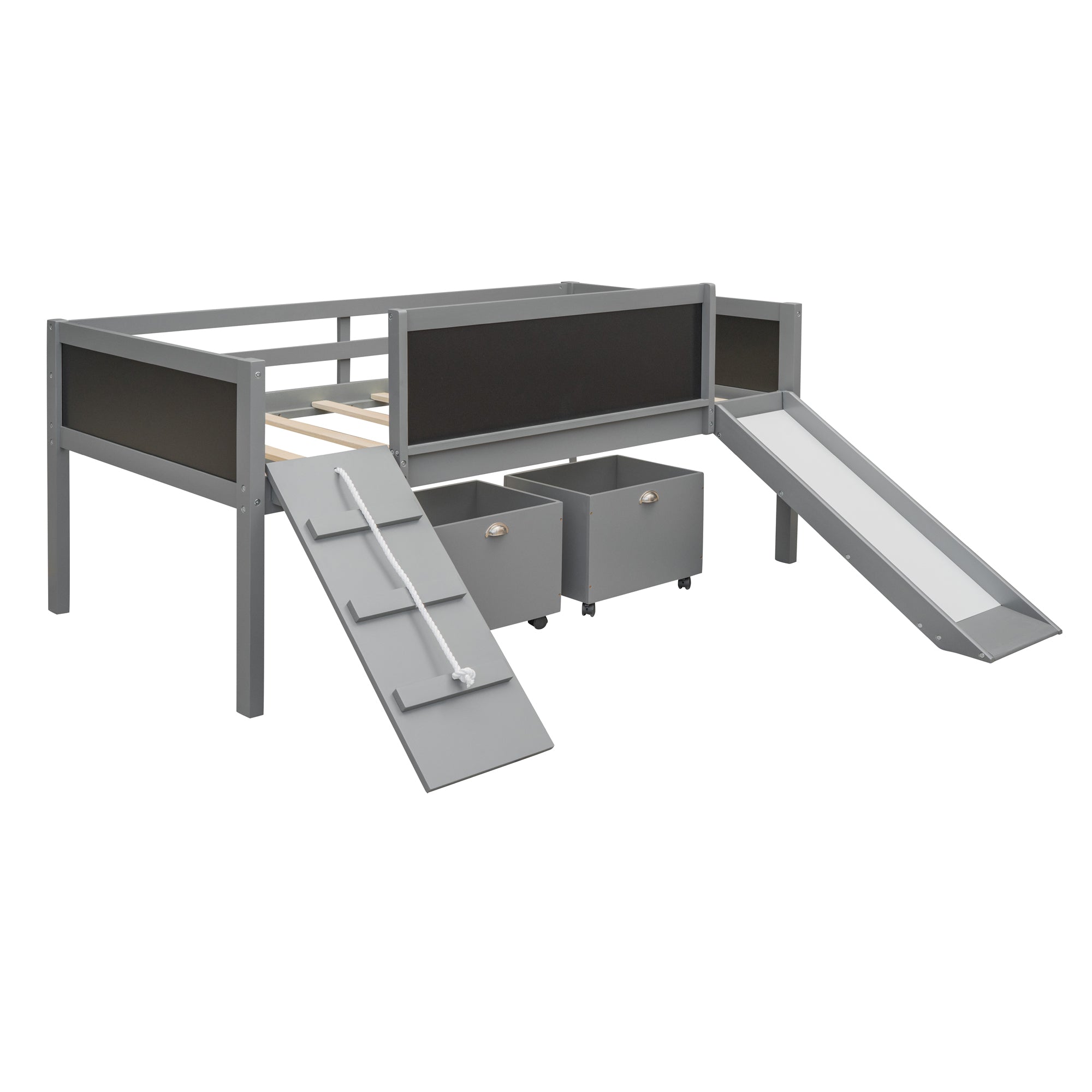 Twin size Loft Wood Bed with Two Storage Boxes - Gray