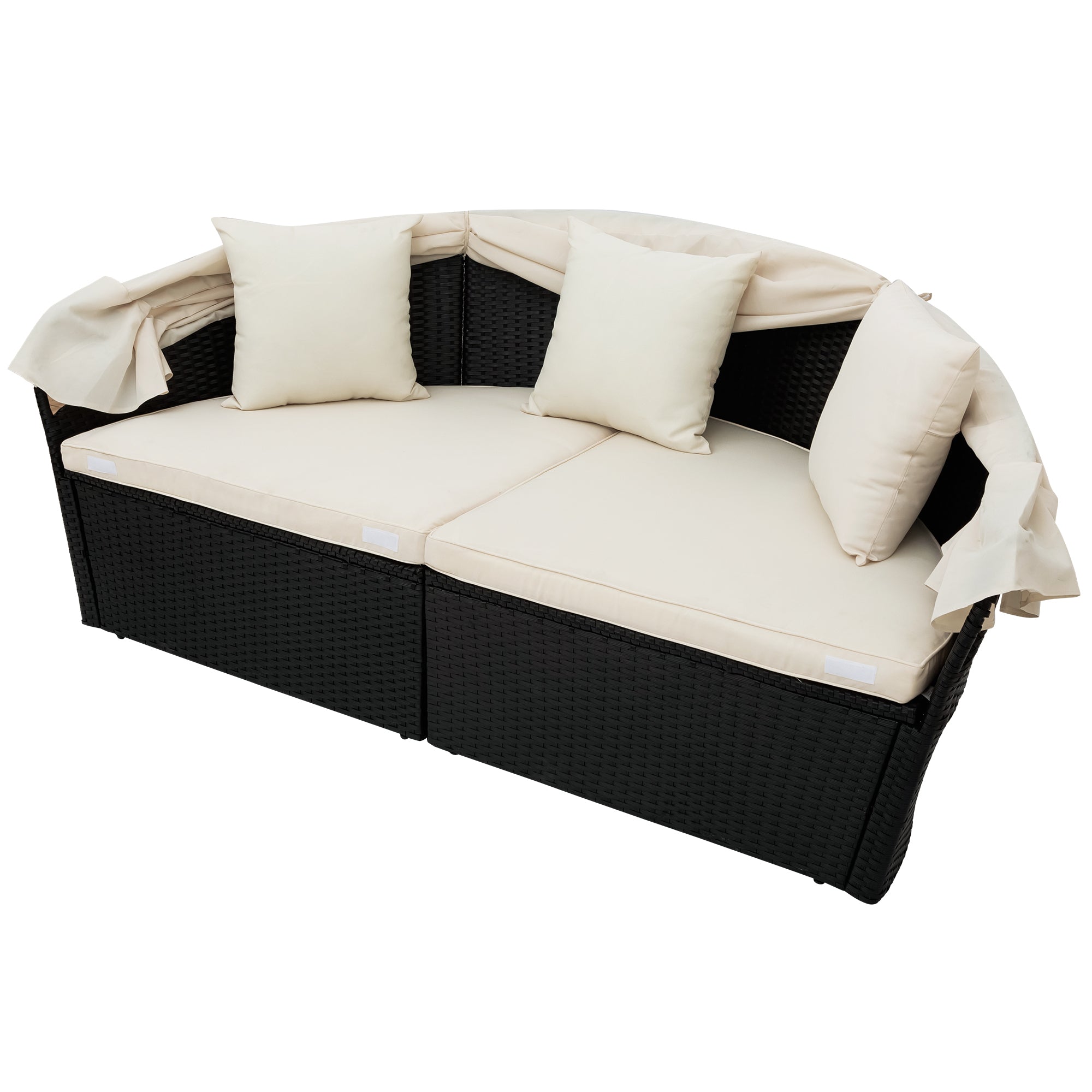 Outdoor Rattan Daybed Sunbed with Retractable Canopy Wicker - Beige