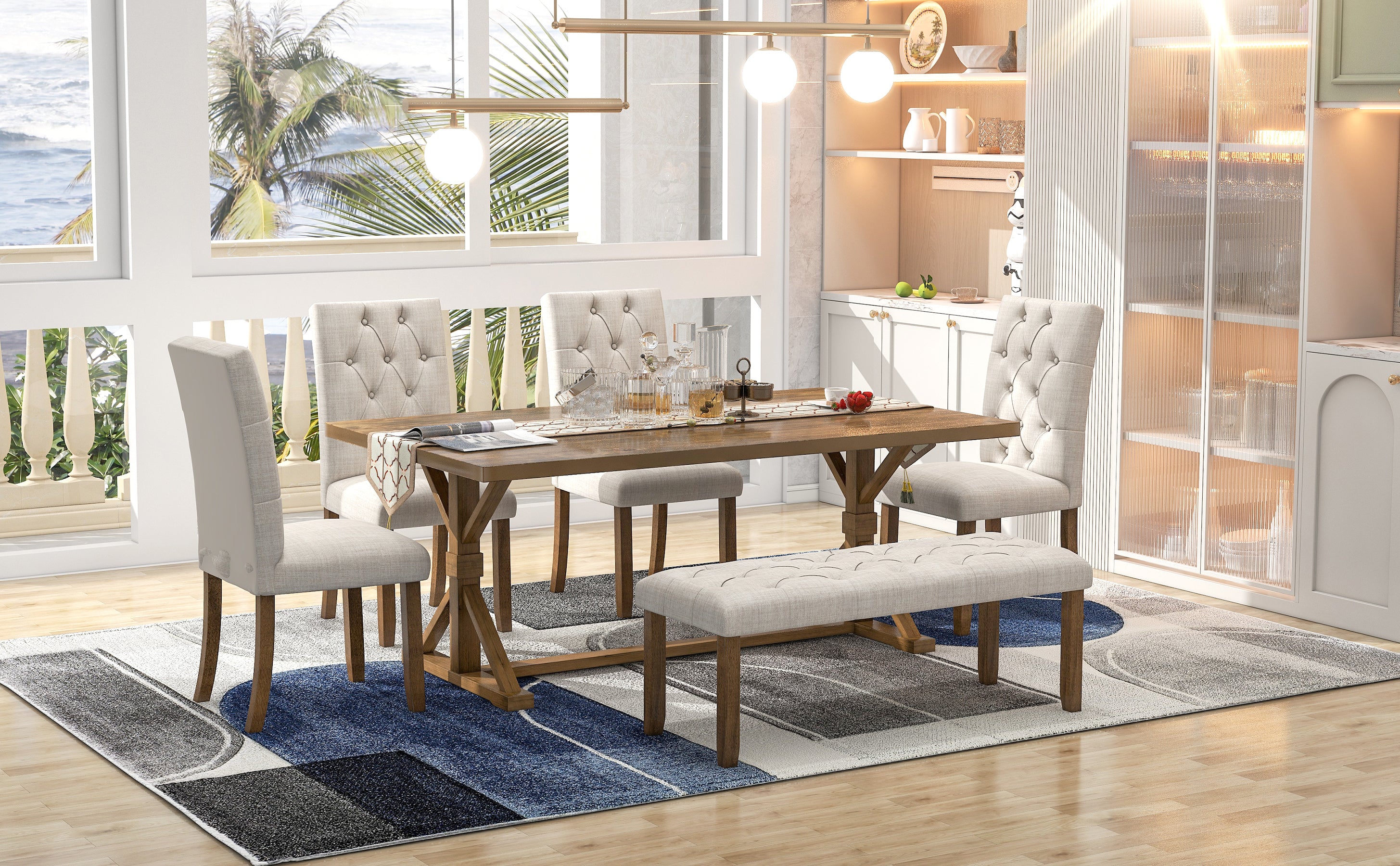 6-Piece Farmhouse Dining Table Set 72" Wood Rectangular Table, 4 Upholstered Chairs with Bench - Walnut
