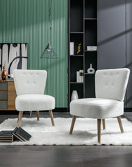 Teddy Fabric Button Accent Slipper Chair With Wooden Legs - White