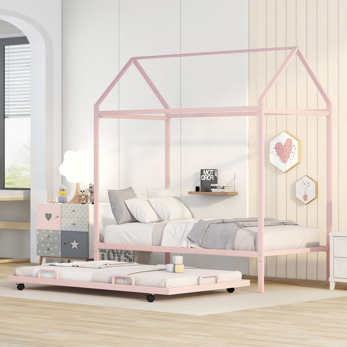 Twin Size Kids House Bed With Trundle, Metal House Bed Pink