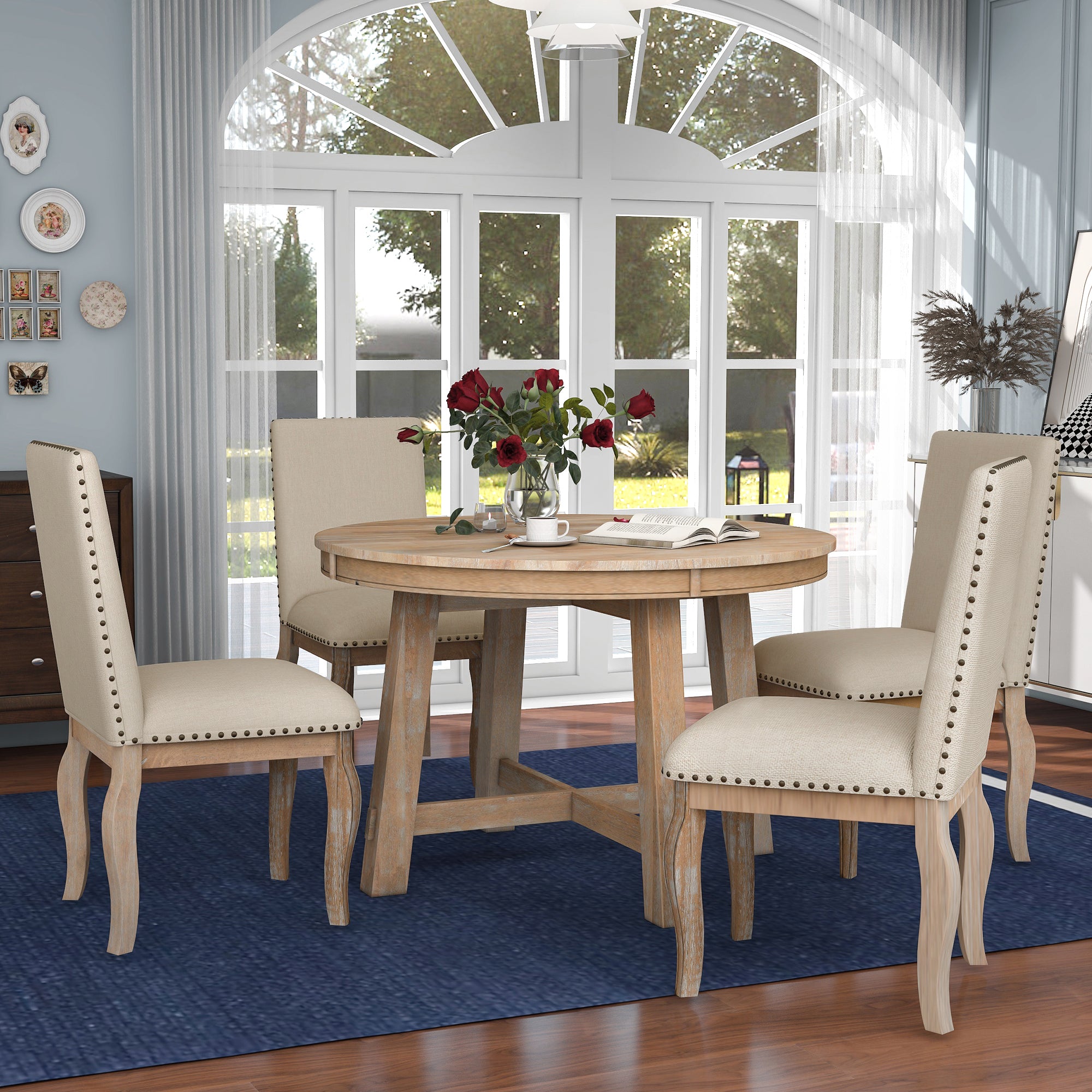 5-Piece Farmhouse Dining Table Set Wood Round Extendable Table and 4 Upholstered Chairs - Natural Wood Wash
