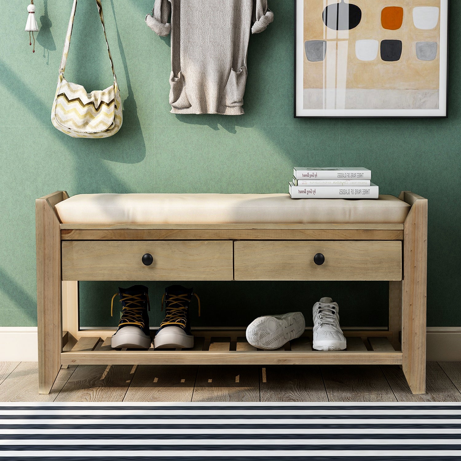 Shoe Rack with Cushioned Seat and Drawers, Multipurpose Entryway Storage Bench - Gray Wash