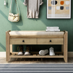 Shoe Rack with Cushioned Seat and Drawers, Multipurpose Entryway Storage Bench - Gray Wash