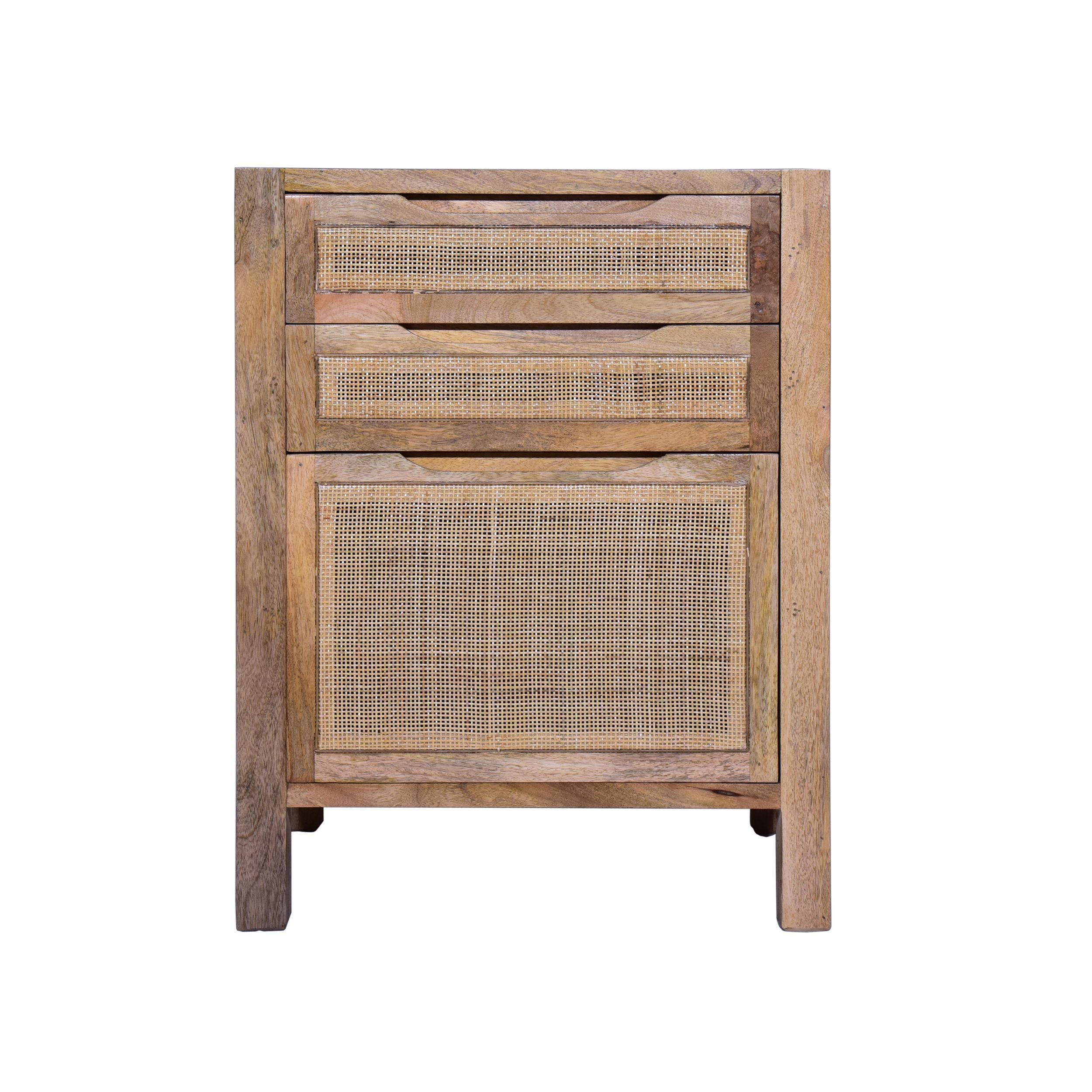 31 Inch Cottage Mango Wood Storage Cabinet Table, Cane Rattan Panels, 3 Drawers - Natural Brown