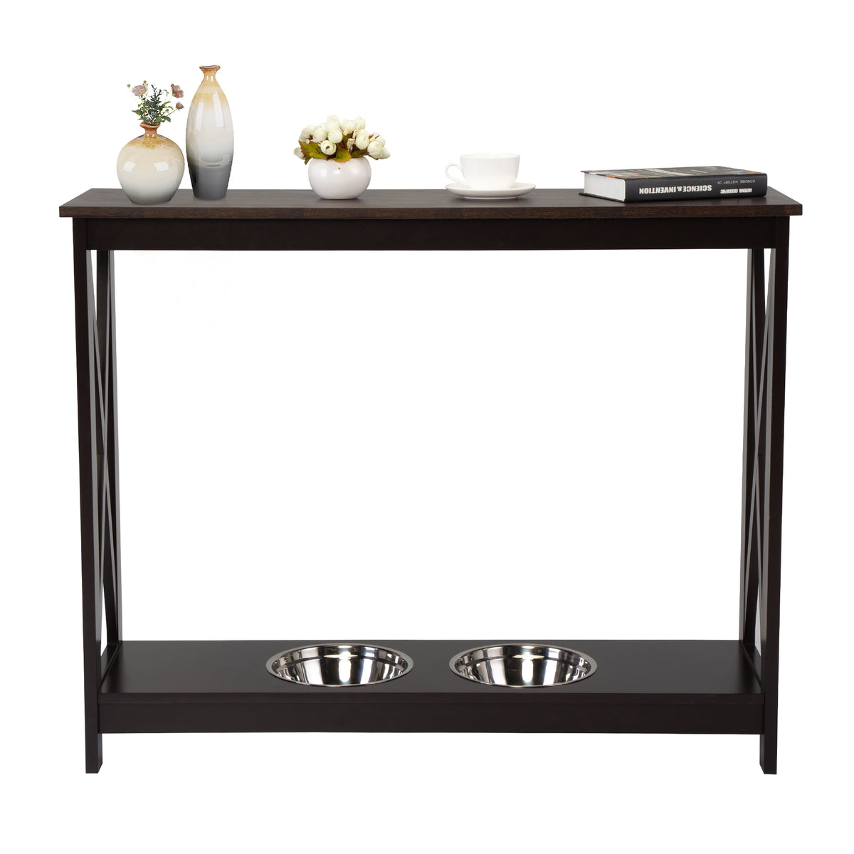 31.5"H Modern Console Table with Dog/Cat Bowls, X Frame Narrow Sofa Table - Brown and Black
