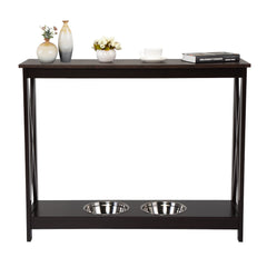 31.5"H Modern Console Table with Dog/Cat Bowls, X Frame Narrow Sofa Table - Brown and Black