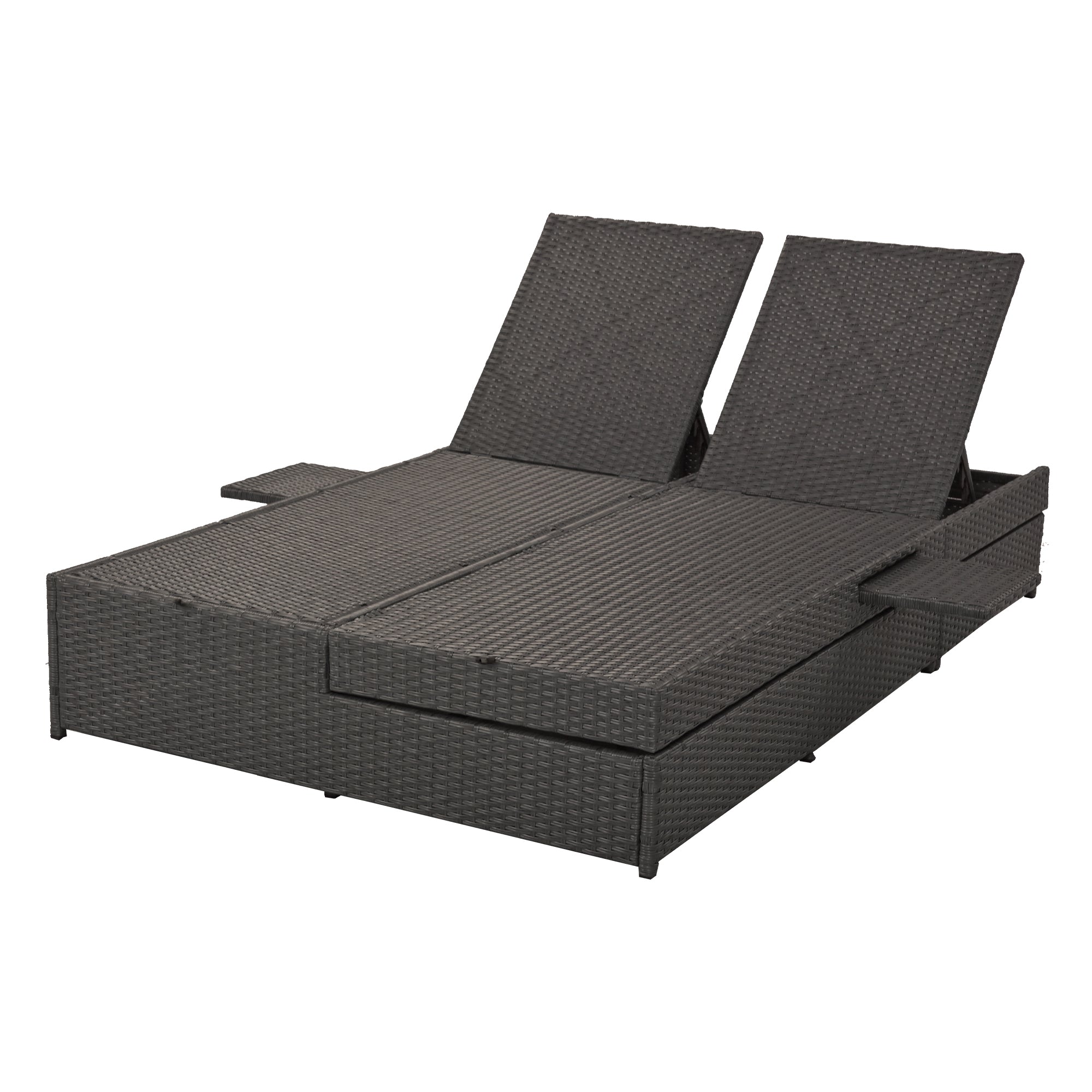 Outdoor Double Sun bed, Wicker Rattan Patio Reclining Chairs with Adjustable Backrest and Seat, Conversational Set for 2 Person - Gray
